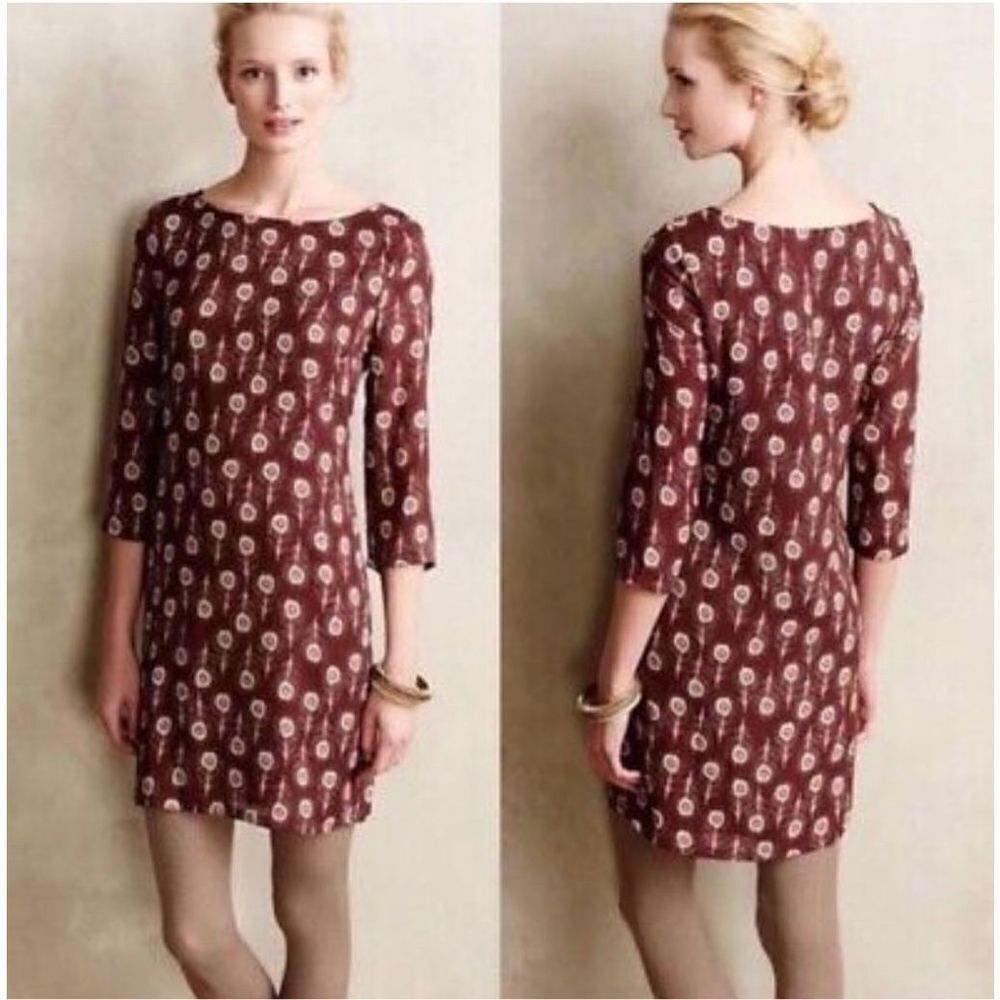 Anthropologie Porridge Dress Size Small Brown Peacock Feather Print Shif…‎